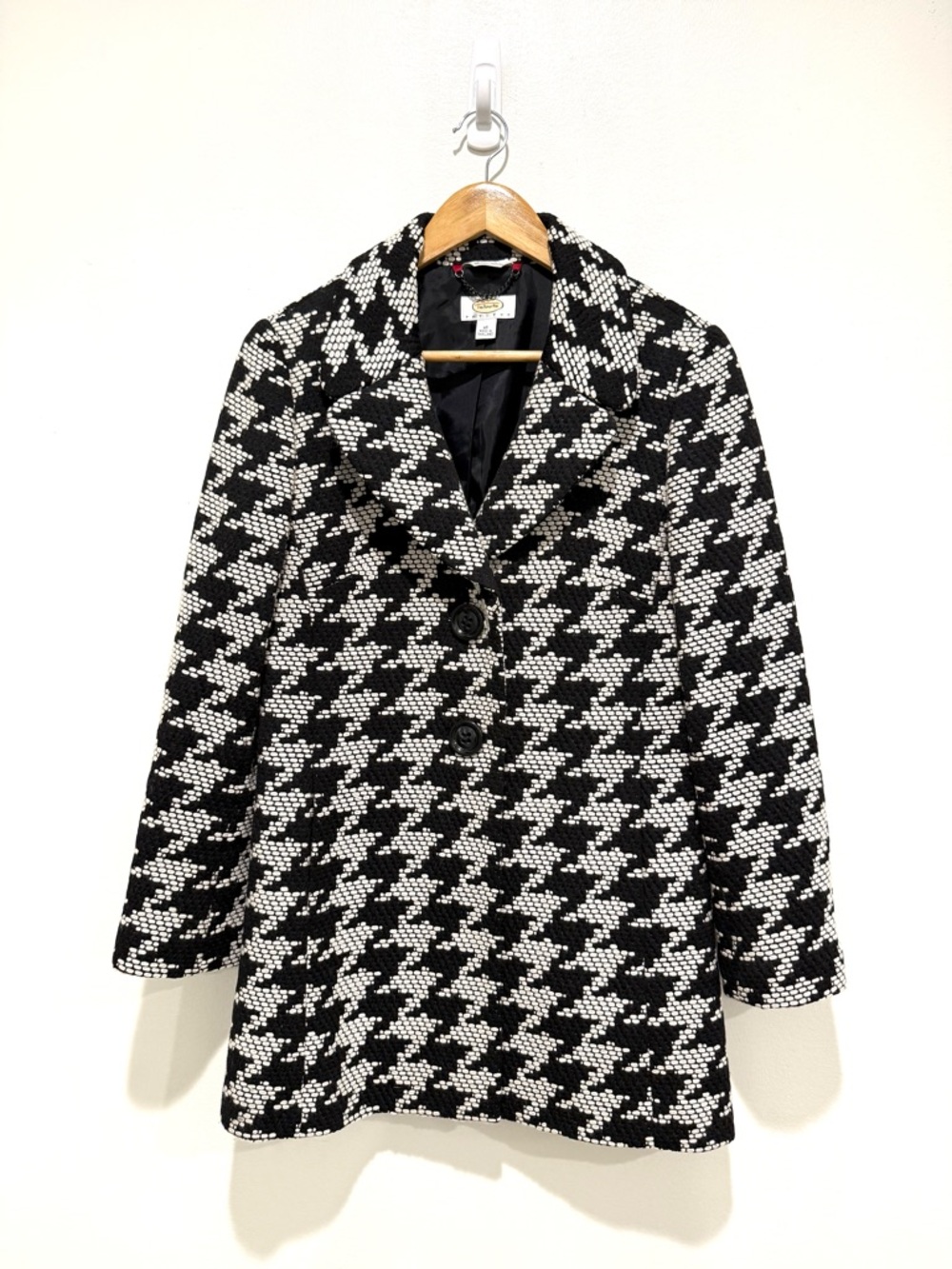 Talbots Petites Black White Houndstooth Wool Single Breasted Trench Jacket 10